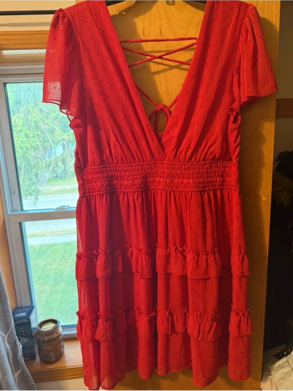 Speechless Red V-Neck Smocked Waist Ruffle Tiered Dress